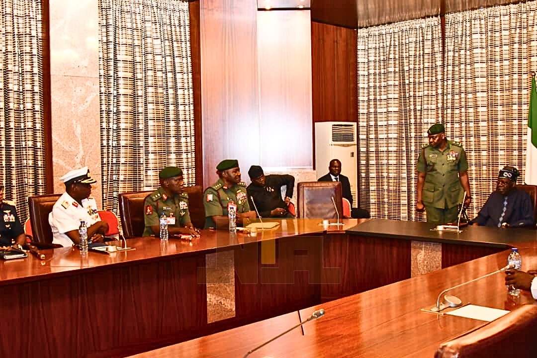 President Bola Tinubu meets Defense Ministers, and Service Chiefs at the state house